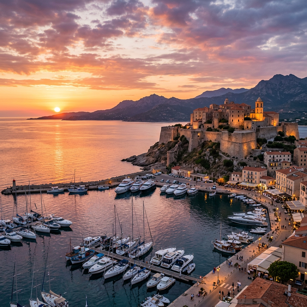 Fortress on a rocky hill beside a marina with boats at sunset