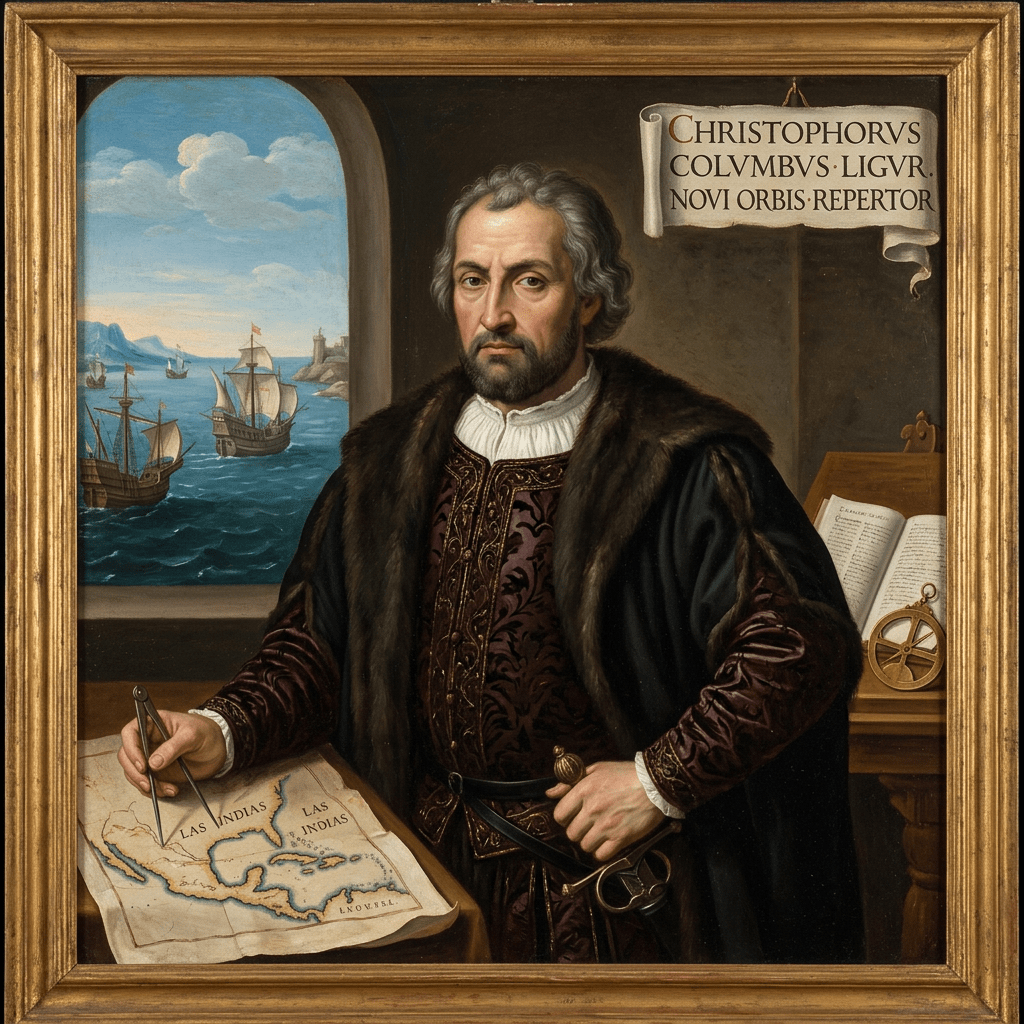 Christopher Columbus holding a map labeled Las Indias, with sailing ships visible through an arched window