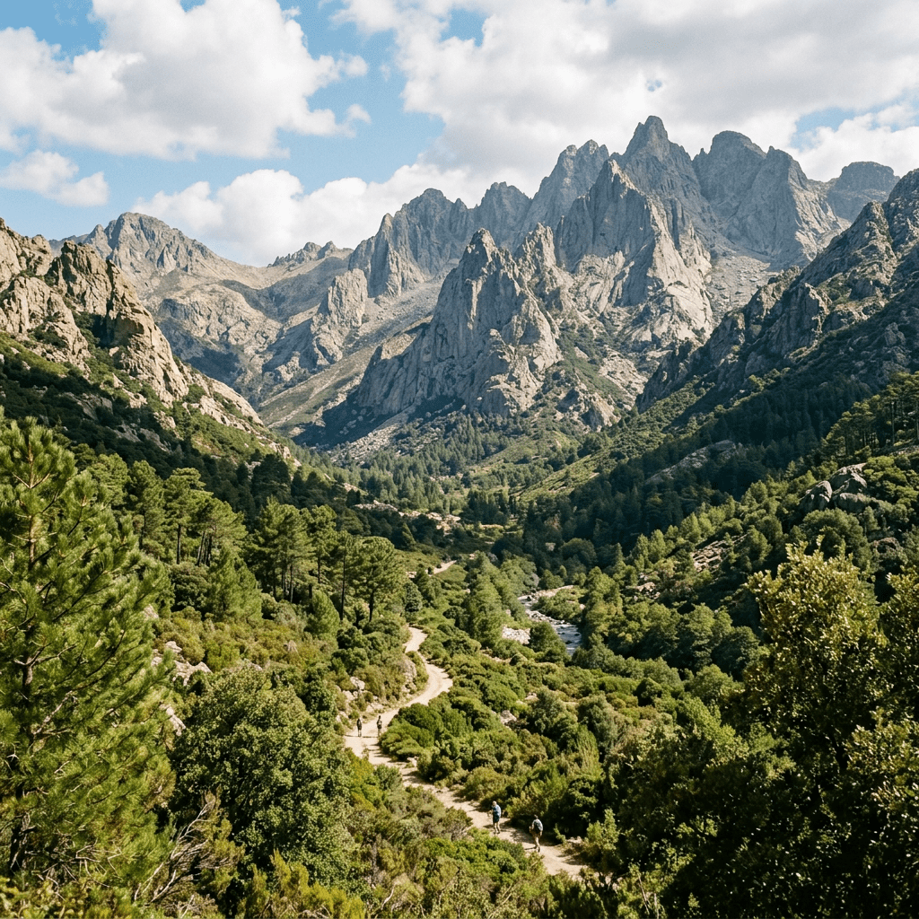 Valley with rocky mountain peaks, green trees, and hikers on a winding trail