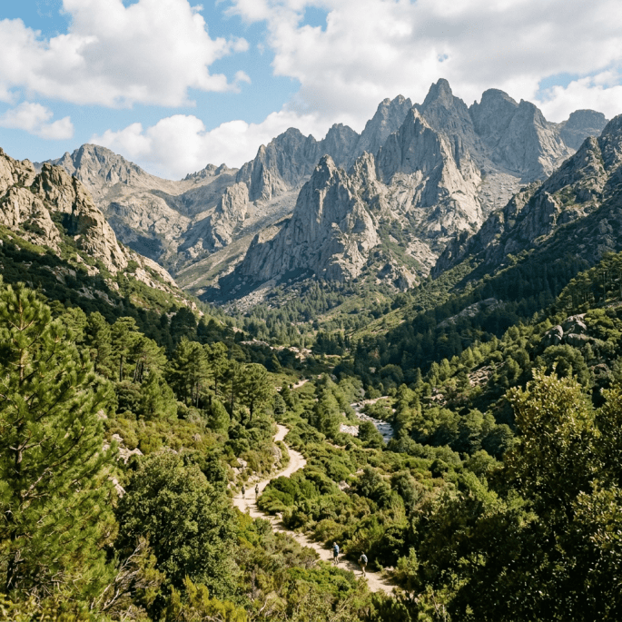 Valley with rocky mountain peaks, green trees, and hikers on a winding trail