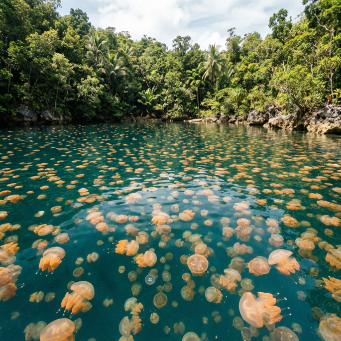 Golden jellyfish filling a turquoise lagoon beneath tropical forest