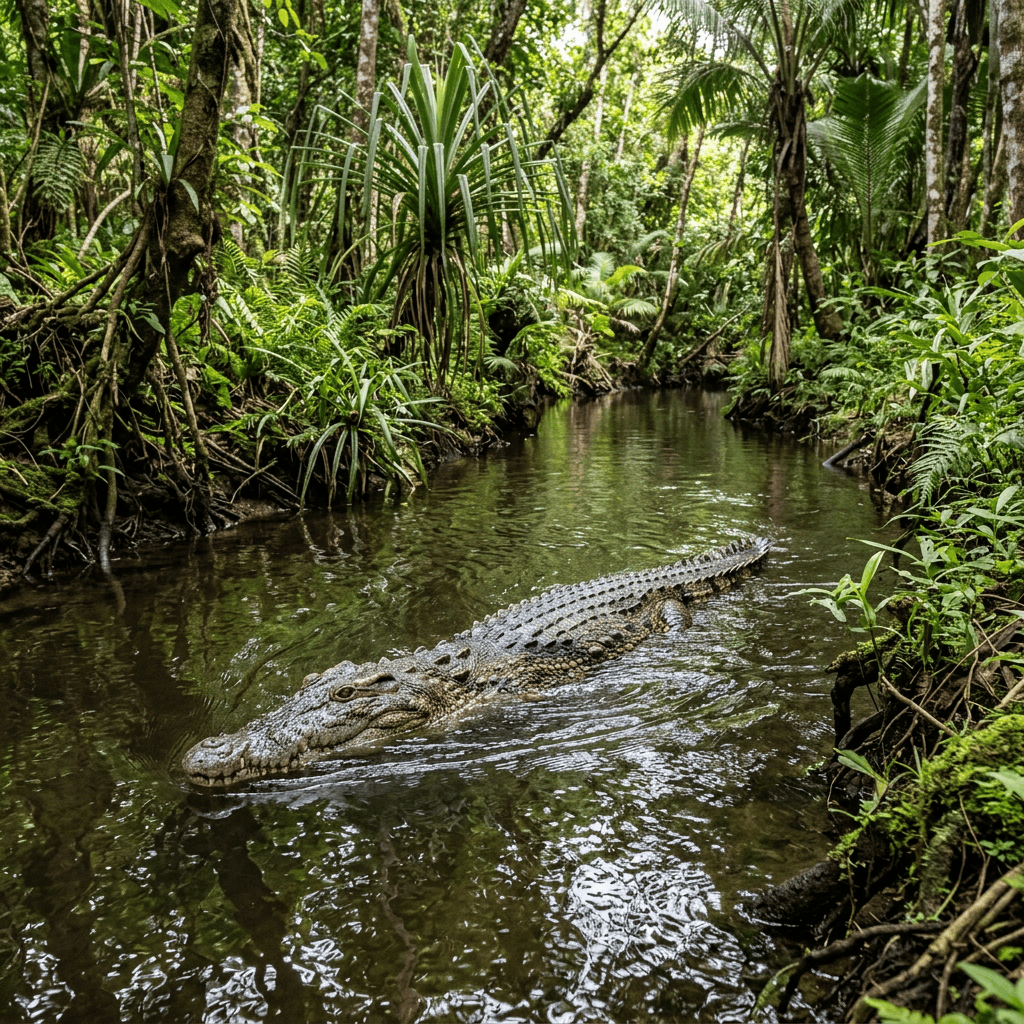 Crocodile swimming through a dense tropical rainforest stream