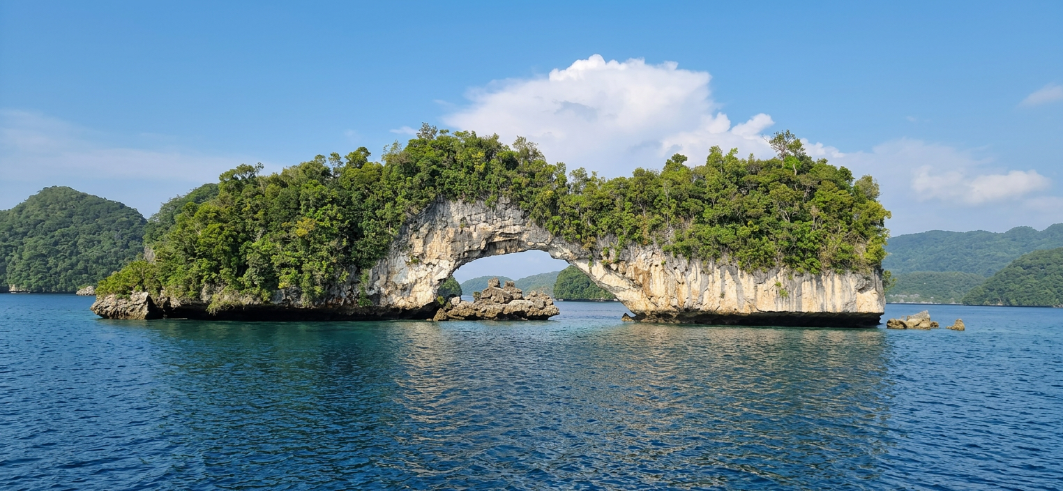 Lush limestone island with a large natural arch in blue water