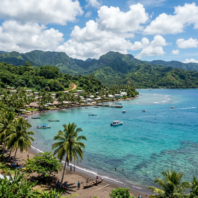 Tropical bay with palm trees, boats, village, and forested mountains